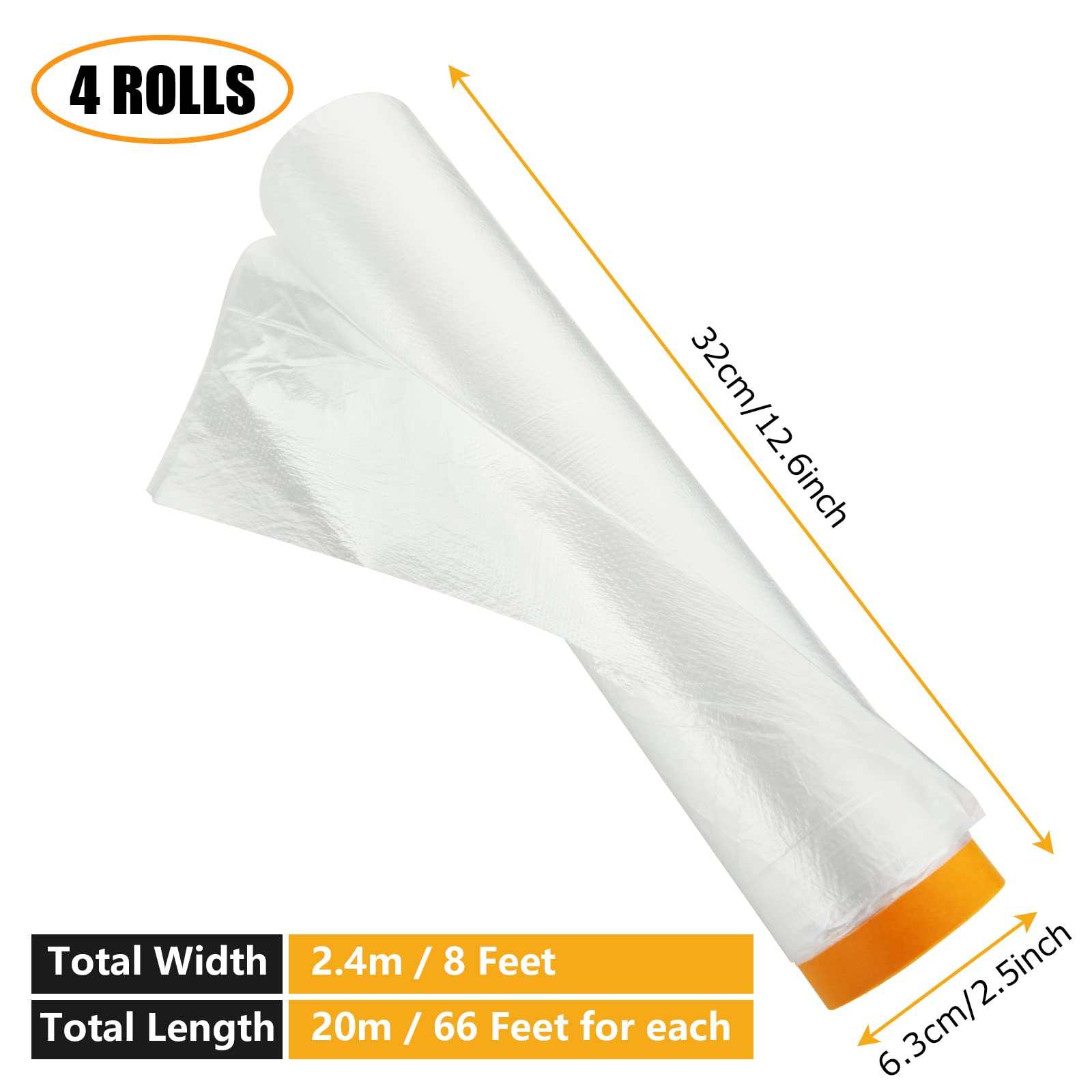 Lot de 4 rouleaux de film de masquage en plastique pré-collé avec ruban adhésif, ruban adhésif et tissu de chute, 2,4 m x 20 m