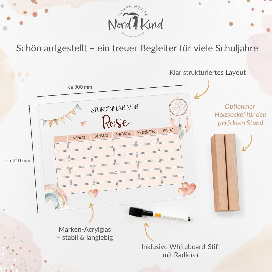 Nord-Kind personalisierter Stundenplan aus Acryl – abwischbar & wiederverwendbar – für Kinder der 1. Klasse zur Einschulung – Mädchen & Jungen (Boho2)