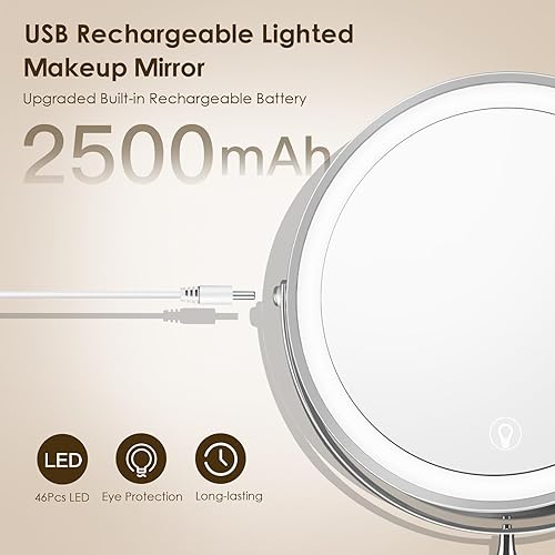 Miniatura 3 de Espejo de maquillaje iluminado montado en la pared, espejo de aumento recargable de doble cara de 8 pulgadas, 1x10x, espejo de tocador LED de 3