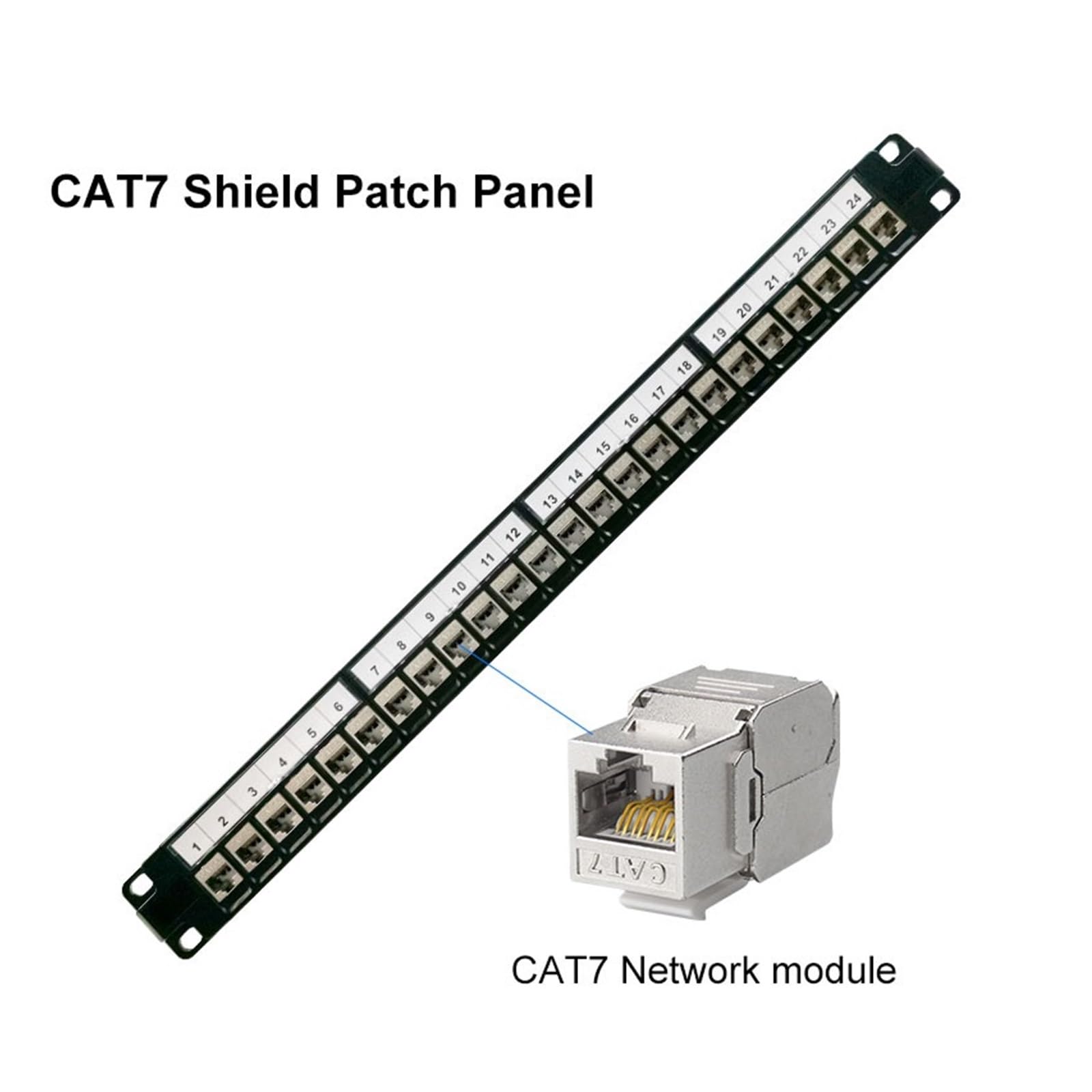 Panneau de Brassage blindé RJ45 1U 24 Ports, Montage en Rack 19 Pouces, Montage Mural, CAT5E, CAT6, CAT6A, CAT7, CAT8, STP Keystone(Cat7 Module)