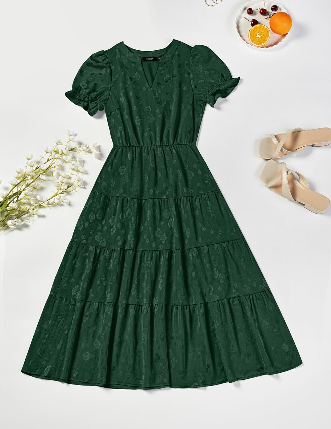 ZESICA Womens 2026 Summer Puff Short Sleeve Midi Dress Floral V Neck Textured Ruffle Flowy Beach Party Dresses - Image 8