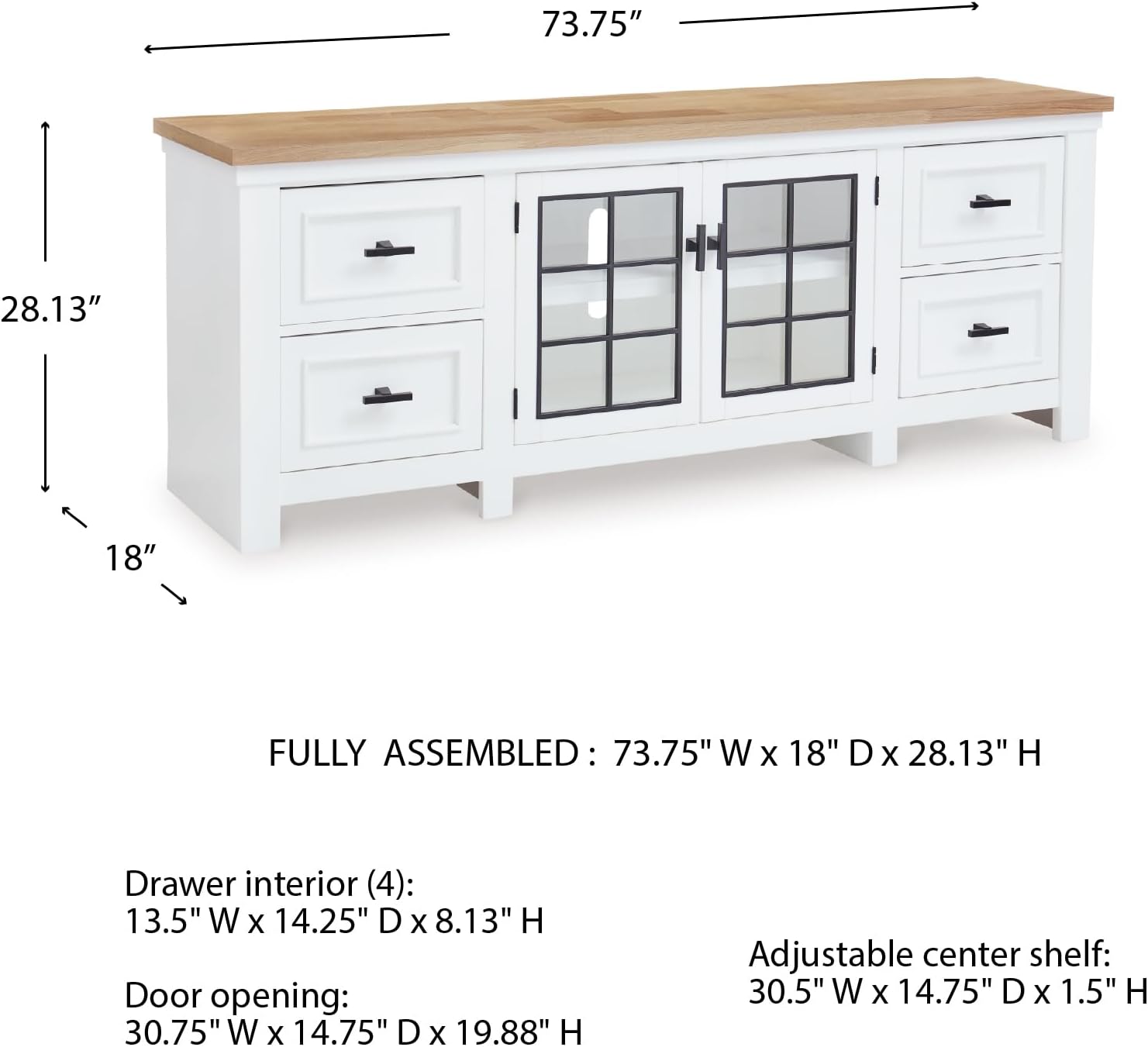 Signature Design by Ashley Ashbryn Casual 4-Drawer 74" TV Stand for TVs up to 84" with Adjustable Shelves, Cabinets, Cord Openings, White & Light Brown