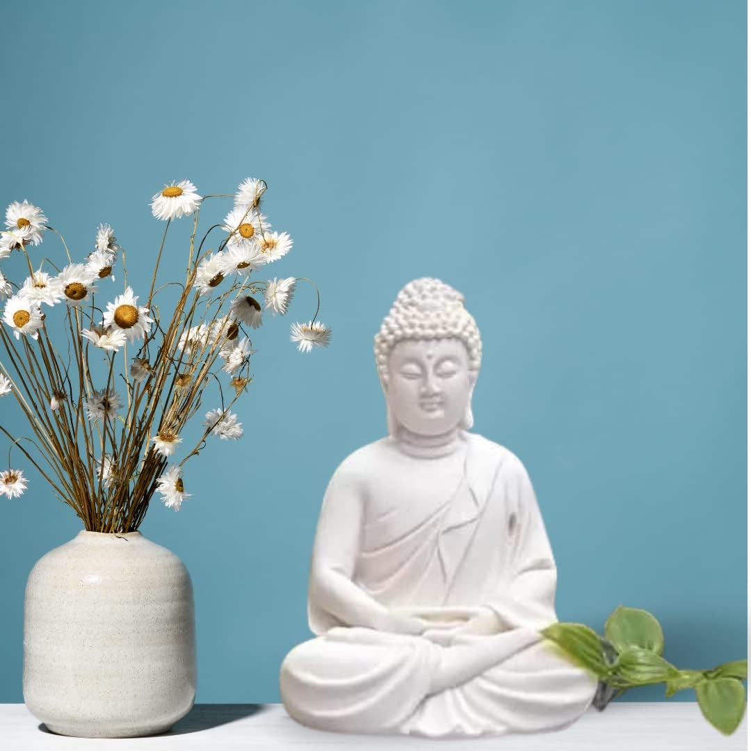 The Advitya Buddha Statue Seated | Premium Gift Items Rare Handmade Marble Meditation/Lord Dhyan Figurine / Idol | Decorative/Fengshui/Showpiece (White, 14cm) Pack of 1