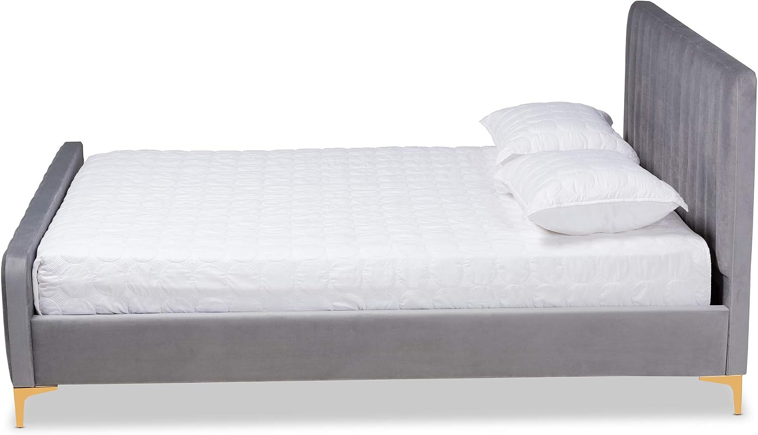 Baxton Studio Nami Modern Contemporary Glam and Luxe Light Grey Velvet Fabric Upholstered and Gold Finished King Size Platform Bed