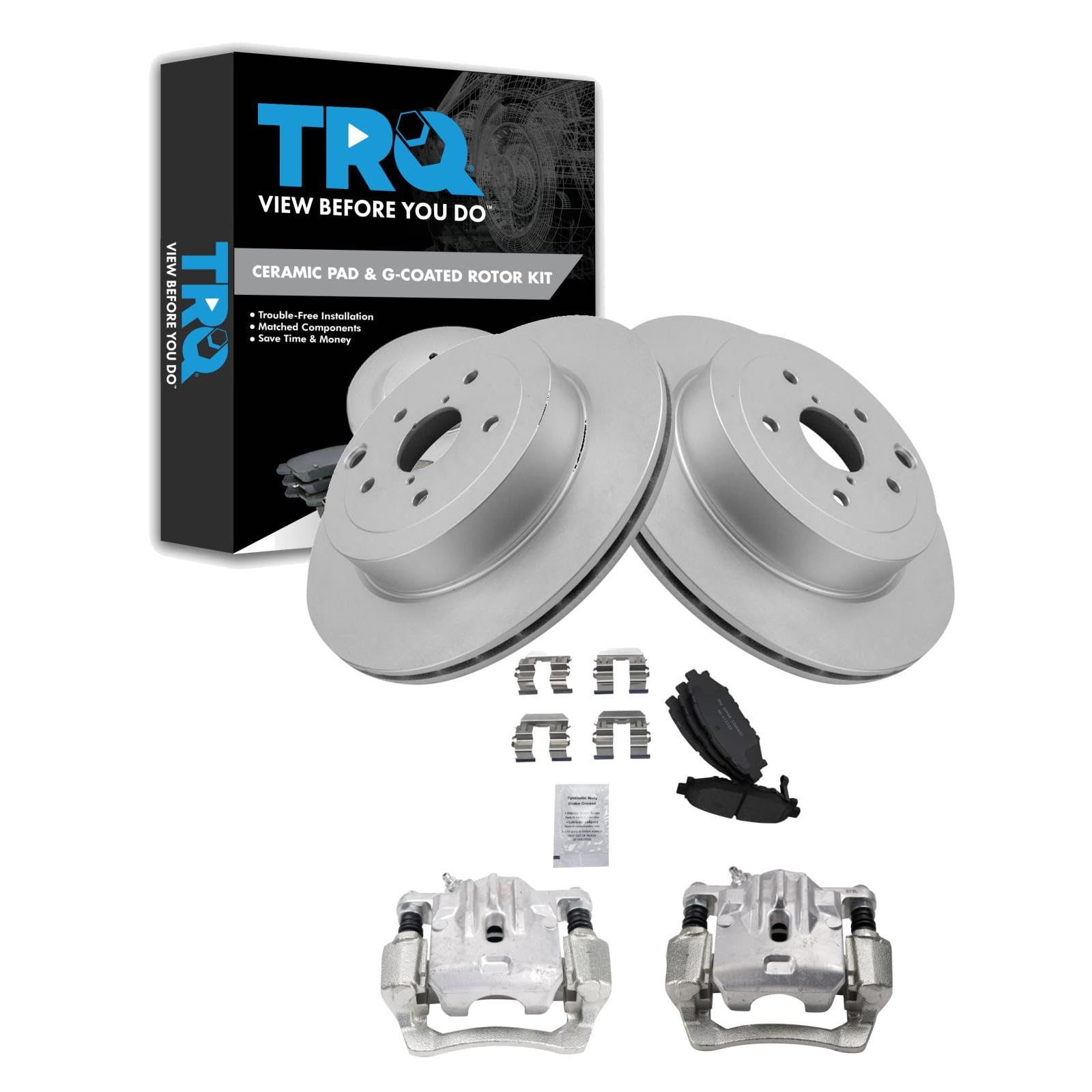 TRQ Rear Brake Pad and Rotor Set Ceramic G Coated Rotors Calipers
