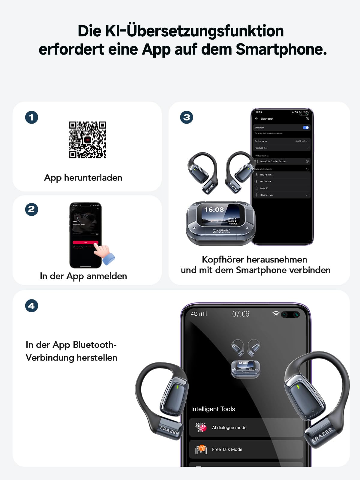 AI Kopfhörer Übersetzer 3-in-1 Translator Earbuds Bluetooth 5.4 Sprachübersetzer 134 Sprachen 60Std 5 Übersetzungsmodi Echtzeit