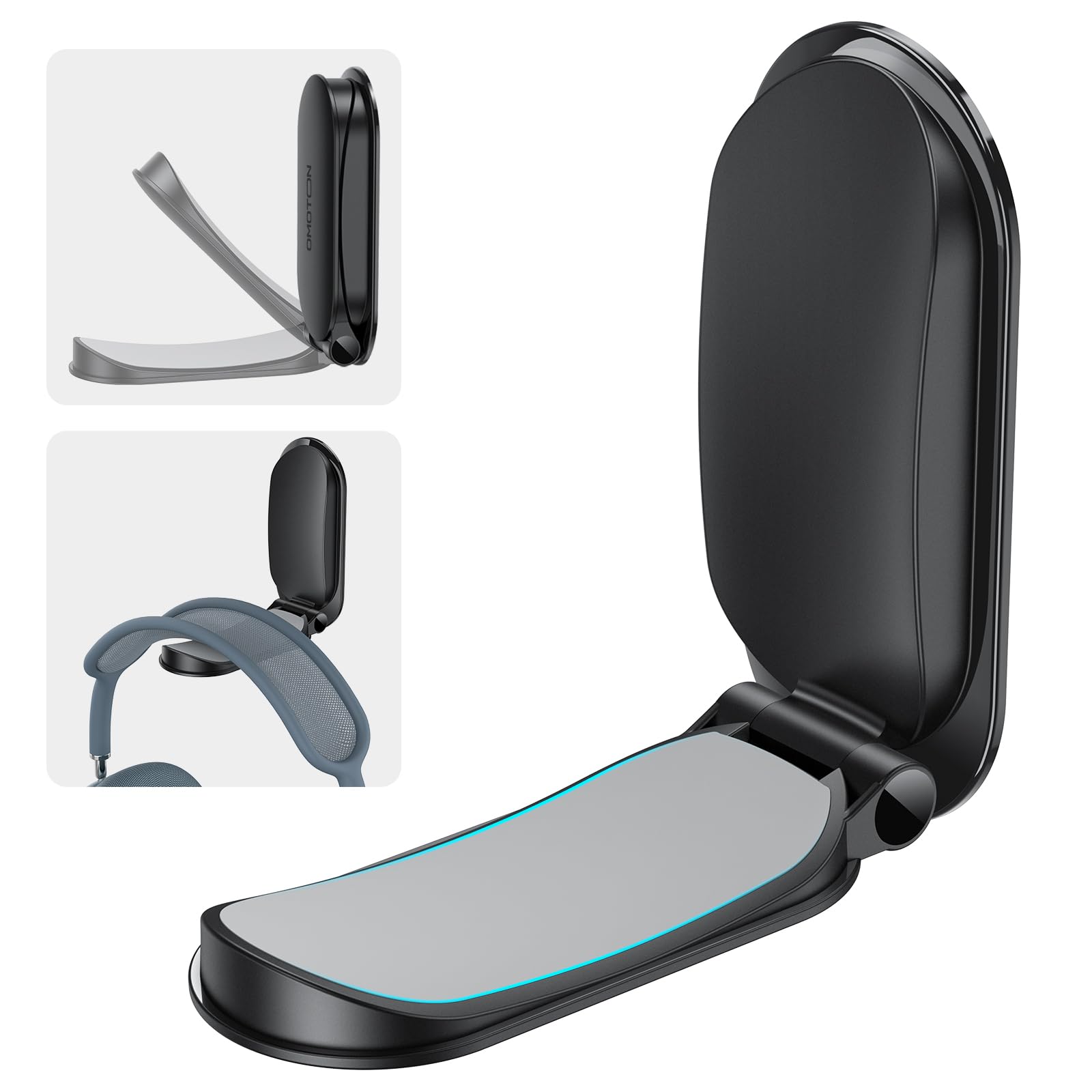 OMOTON Headphone Stand for Desk, Foldable Sticky Headset Stand Holder, Headphone Holder Hook Mount with Non-Slip Silicone, PC Gaming Accessories for Airpods Max, All Earphones- Black