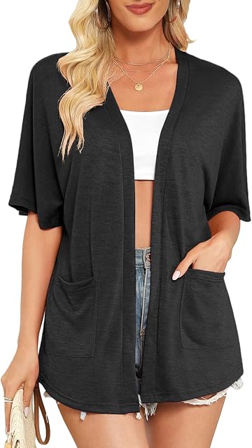 Veryoung Womens Lightweight Summer Cardigan Short Sleeve Cardigans Kimono Casual Loose Beach Coverup Curved Hem with Pockets