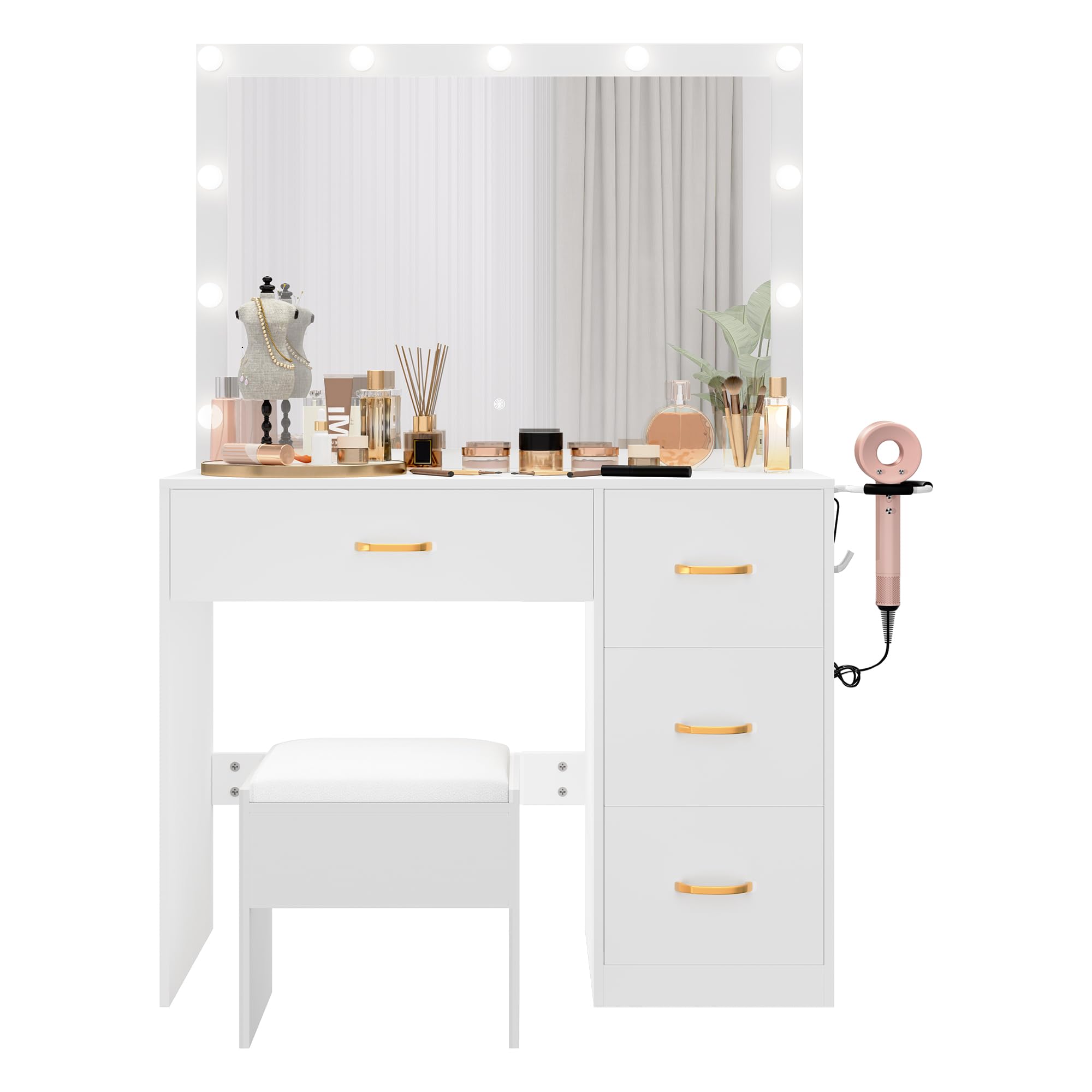 YITAHOME Schminktisch mit Spiegel, Kosmetiktisch mit 4 Schubladen, Frisiertisch mit Hocker, Beleuchtung, Steckdose, Weiß (Make Up Tisch, Frisiertisch, Kosmetiktisch, Vanity Table)