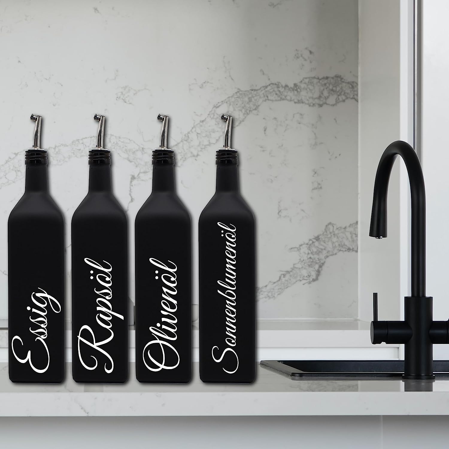 Generisch Ölflasche 1 Liter mit Edelstahl-Ausgießer - schwarz-matt - 4er Set - Glas - Haushalt - inkl. Trichter - Küche - hochwertig - Made in Germany (Ausgießer)