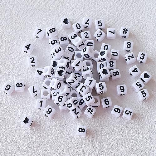 HERZWILD Approx. 800 Number Beads 0-9, Round Craft Beads for Jewellery Crafts (6 x 6 mm White Black), 6 x 6 White Black