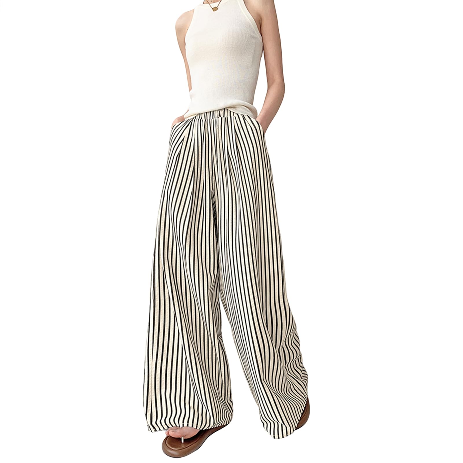 Women Y2K Striped Cargo Pants High Waist Elastic Wide Leg Baggy Trousers Trendy Streetwear for Teens Parachute Casual