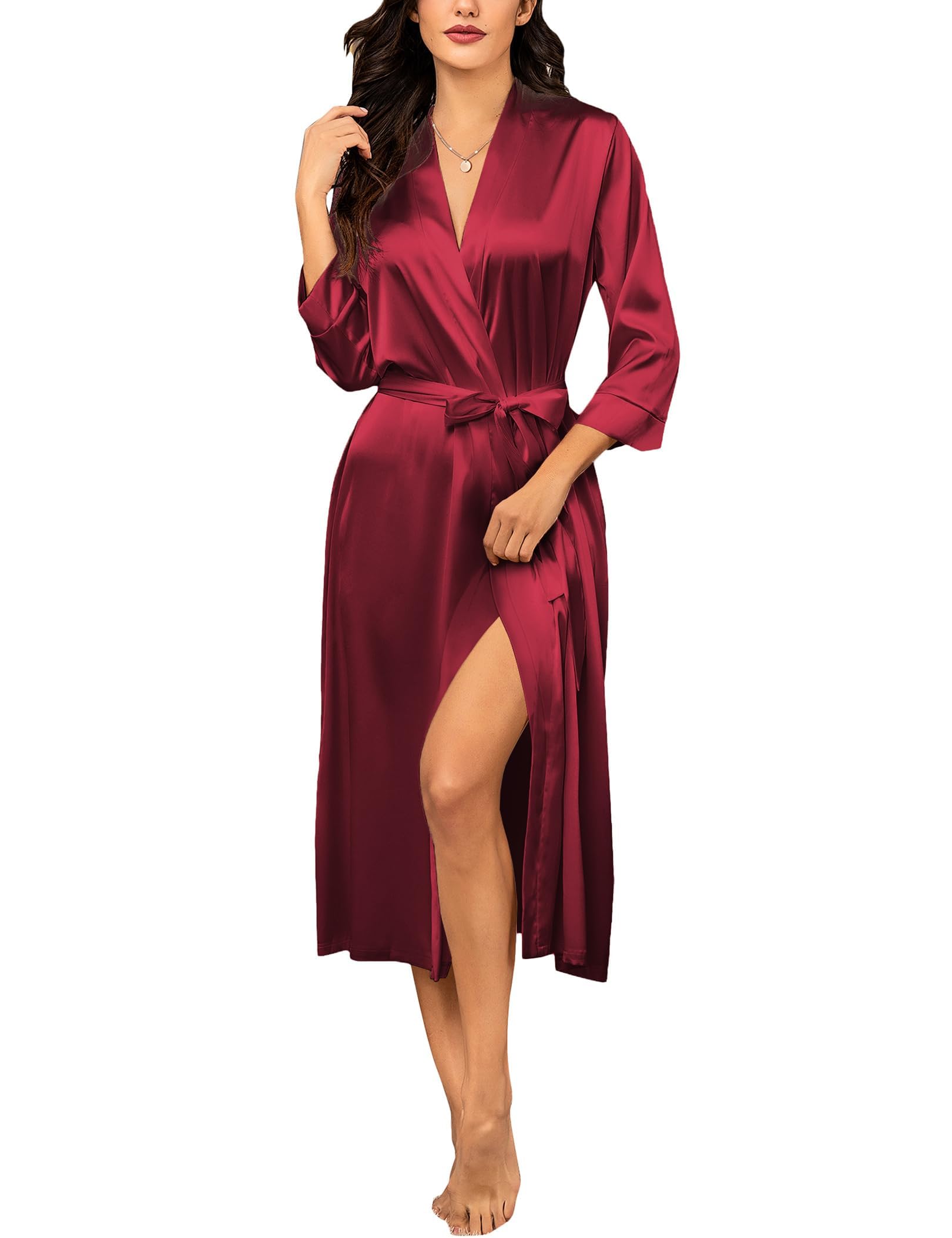 Ekouaer Badjas voor Dames, Satijn, Licht, Lang, Luxe, Hoogwaardig, Bruidsmeisjesjurk, Huwelijksfeest, Kimono, Zijden Badjassen, 3/4 Mouwen, Zacht en Licht, Loungewear met Zakken, S-XXL, wijnrood, M