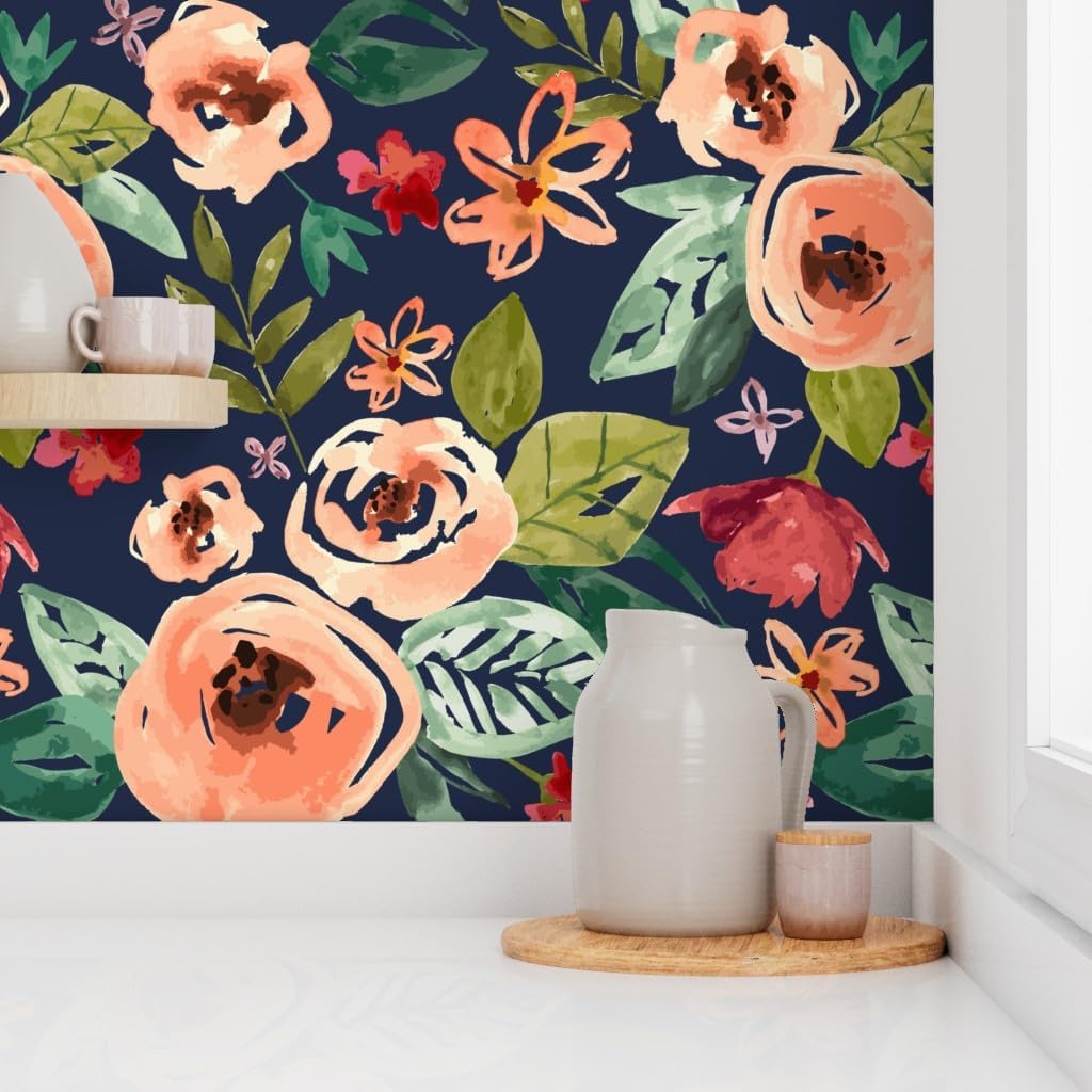 Removable Wallpaper 6ft x 2ft - Hand Painted Floral Navy Large Pink Blue Bloom Peach Winter Custom Pre-Pasted Wallpaper by Spoonflower