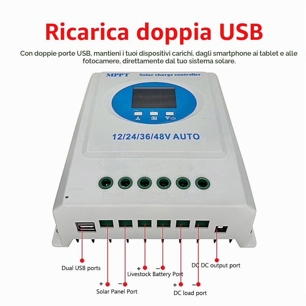 Regolatore di carica solare MPPT 150A 12V 24V 36V 48V Display LCD Regolatore intelligente della batteria con doppia uscita USB per batteria al /litio