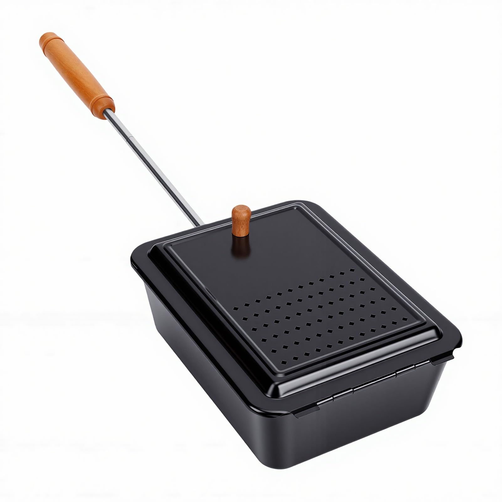 Generic Macchina per Popcorn Antiaderente Vecchio Stile per Popcorn da Campeggio con Manico in Legno per Casa, Campeggio, Cortile, Ferro, Legno di Faggio, Acciaio Inossidabile, 25x19x8,5 Cm