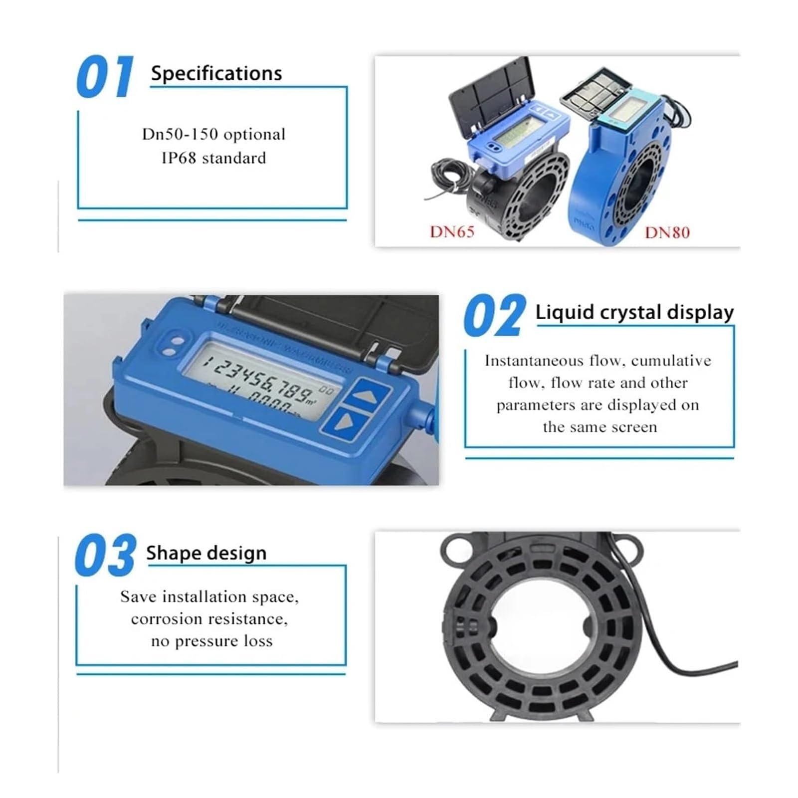 Medidor de flujo de agua ultrasónico, medidor de flujo de riego agrícola con pantalla LCD, batería integrada, protección IP68 para gestión de jardines