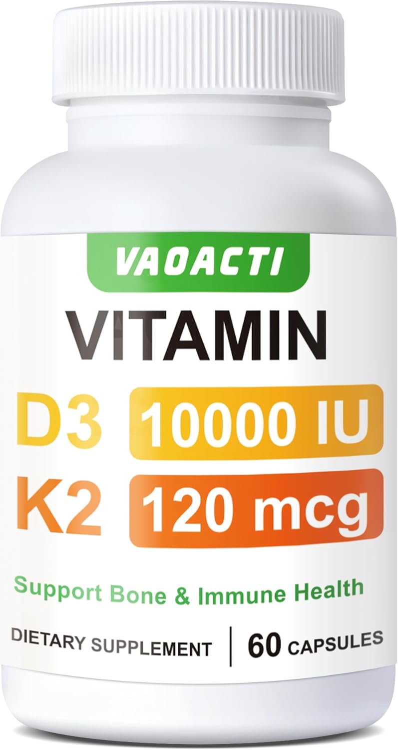 VAOACTI Vitamin D3 K2 Supplement, 10,000 IU D3 & 120 mcg MK-7, Bone Strength & Immune Support with B6, B12, Magnesium & Zinc, Enhanced Absorption with Black Pepper, 60 Capsules