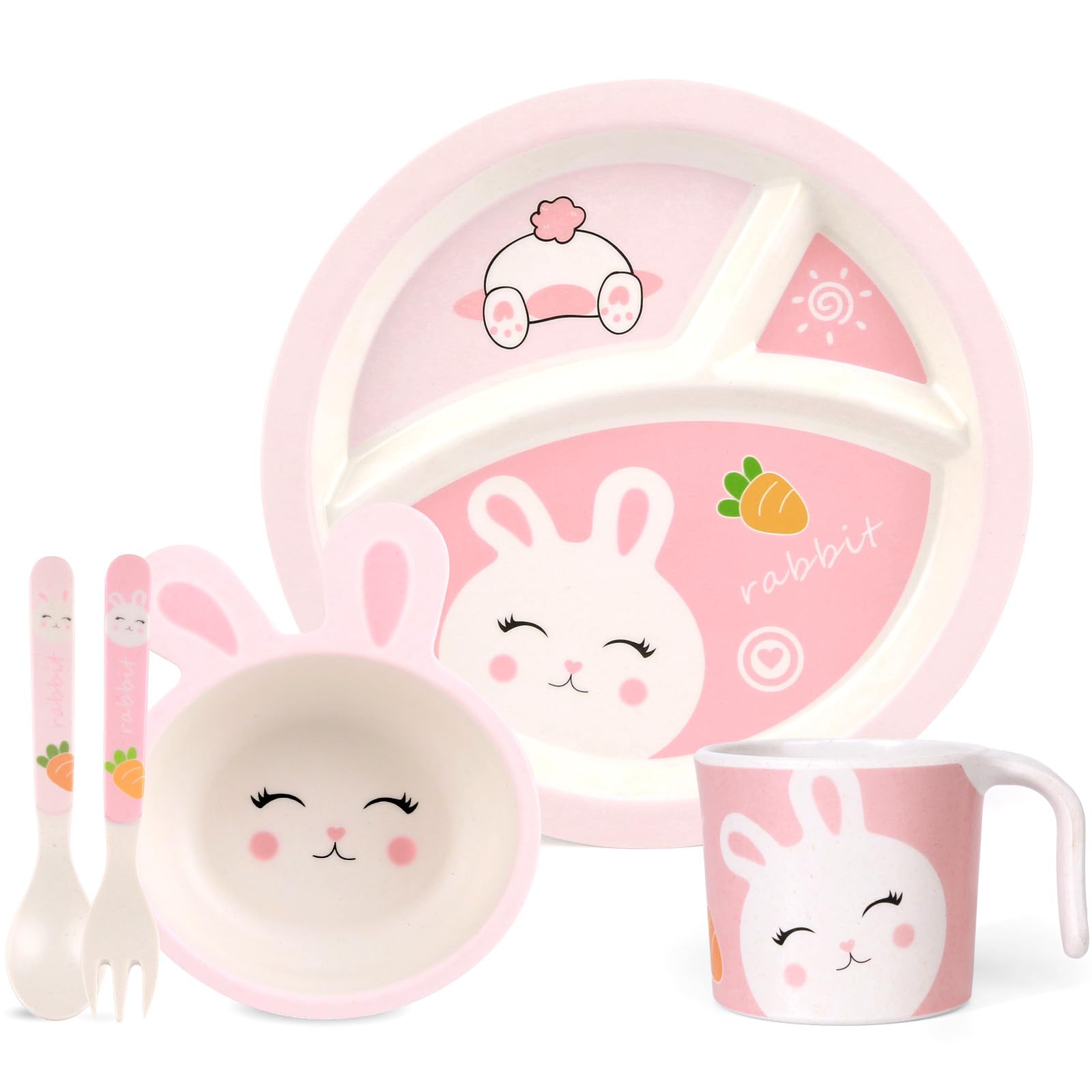 PHEENOWL Kids Dinnerware Set, Includes Toddler Plate Bowl Tumbler and Utensils, BPA Free Bamboo Fiber Material Perfect for Little Girls (Pink - Rabbit