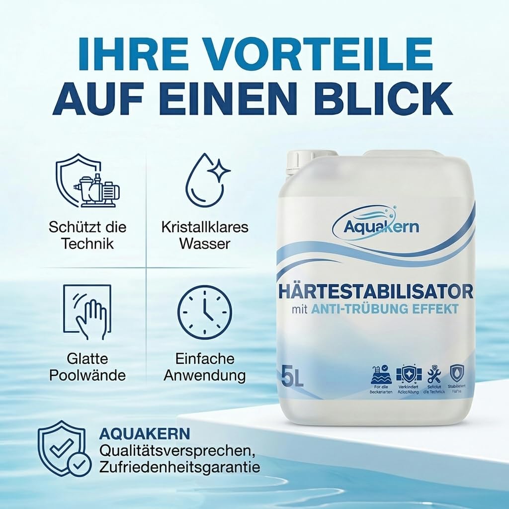 Härtestabilisator 5L & Algenvernichter Power 5L [entfernt Kalkablagerungen & Algen im Pool] mit Aqua KLAR KOMPLEX | Schützt die Pooltechnik | bindet Calcium & Metallionen | Made in Germany