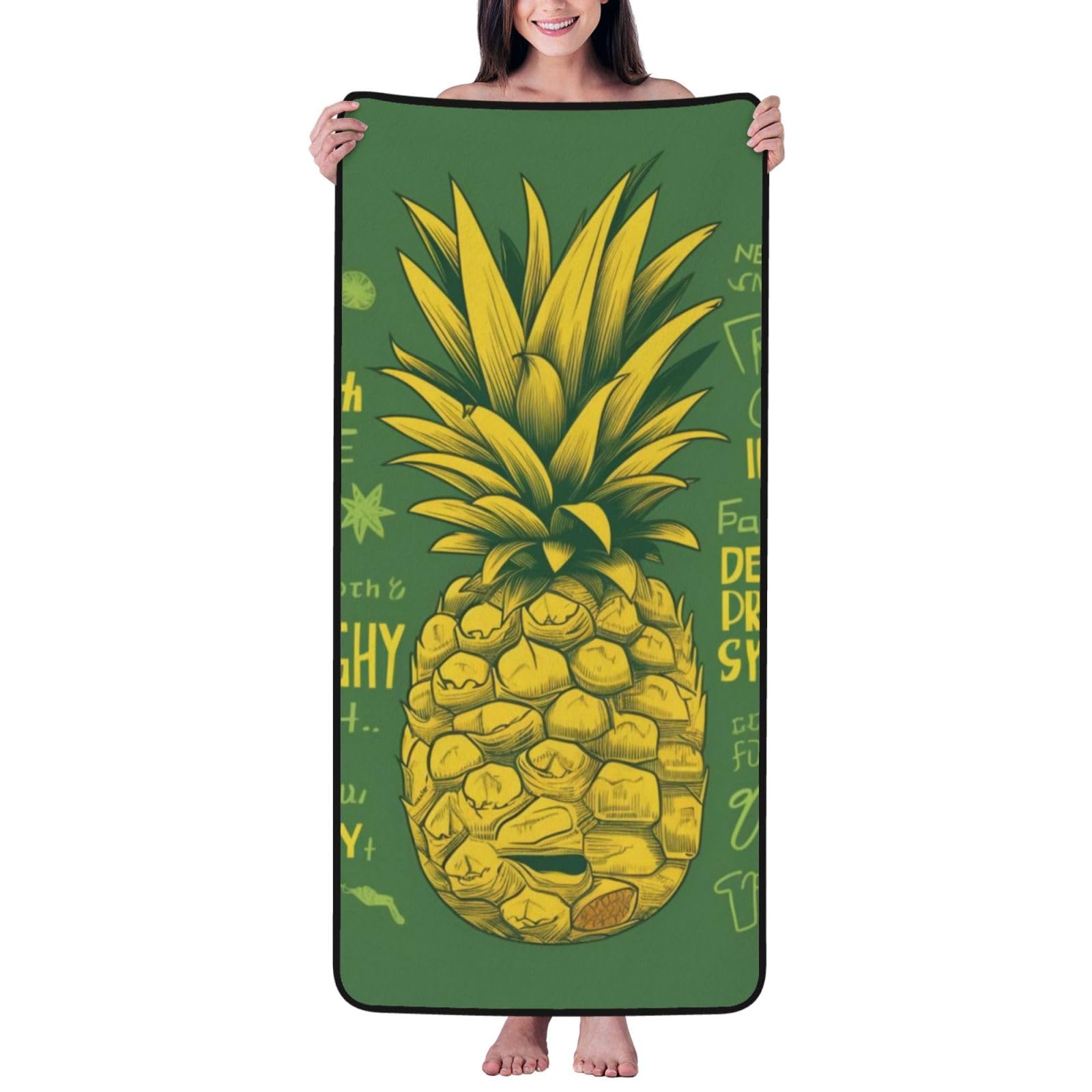 WPKJU Psych Pineapple Quote Printed Bath Towel with Black Edging - 27x55 in Soft Extra Absorbent Coral Velvet Shower Towels for Bathroom