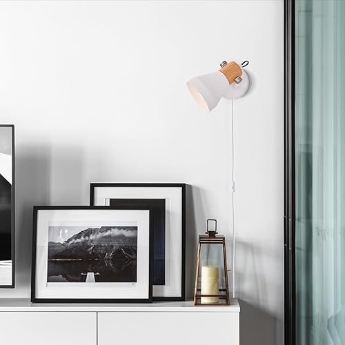 Miniatura 6 de Apliques de pared modernos enchufables, foco ajustable, acento de madera natural, lámparas de pared blancas mate para dormitorio, sala de estar,