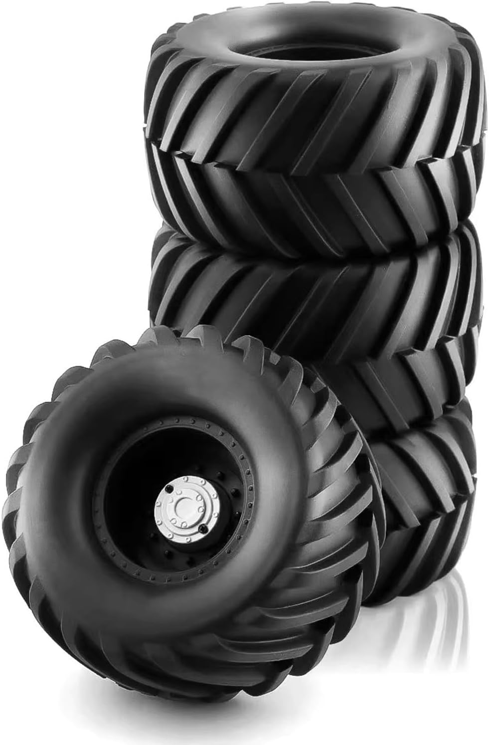 1/10 RC Monster Truck Tires and Hard Plastic Wheels Rims 12mm Hex Rubber Buggy Off Road Tyres with Foam for 1:10 Scale Truck Car Traxxas VXL 2WD Hoss 4x4 HSP HPI Tamiya Kyosho 4PCS (Black)