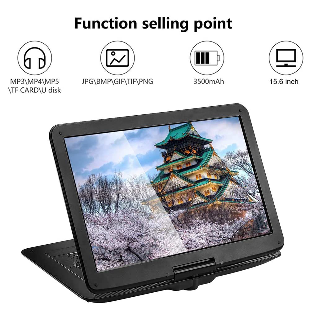 Lettore DVD portatile ad alta definizione con schermo girevole da 15,6", ampio display da 22", batteria da 8 ore, antiurto, ultima memoria, ingresso e uscita AV/supporto per schede USB/SD