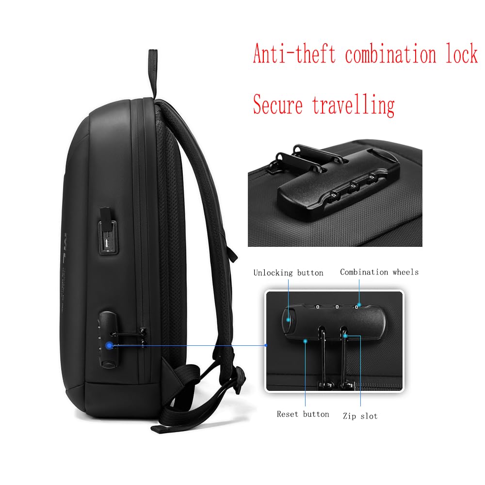 XINYASEE Zaino Uomo Porta PC, Zaino Lavoro con Chiusura a Combinazione, Borsa a Tracolla da Viaggio per Computer 15 Pollici, Nero, 29x10x45 cm