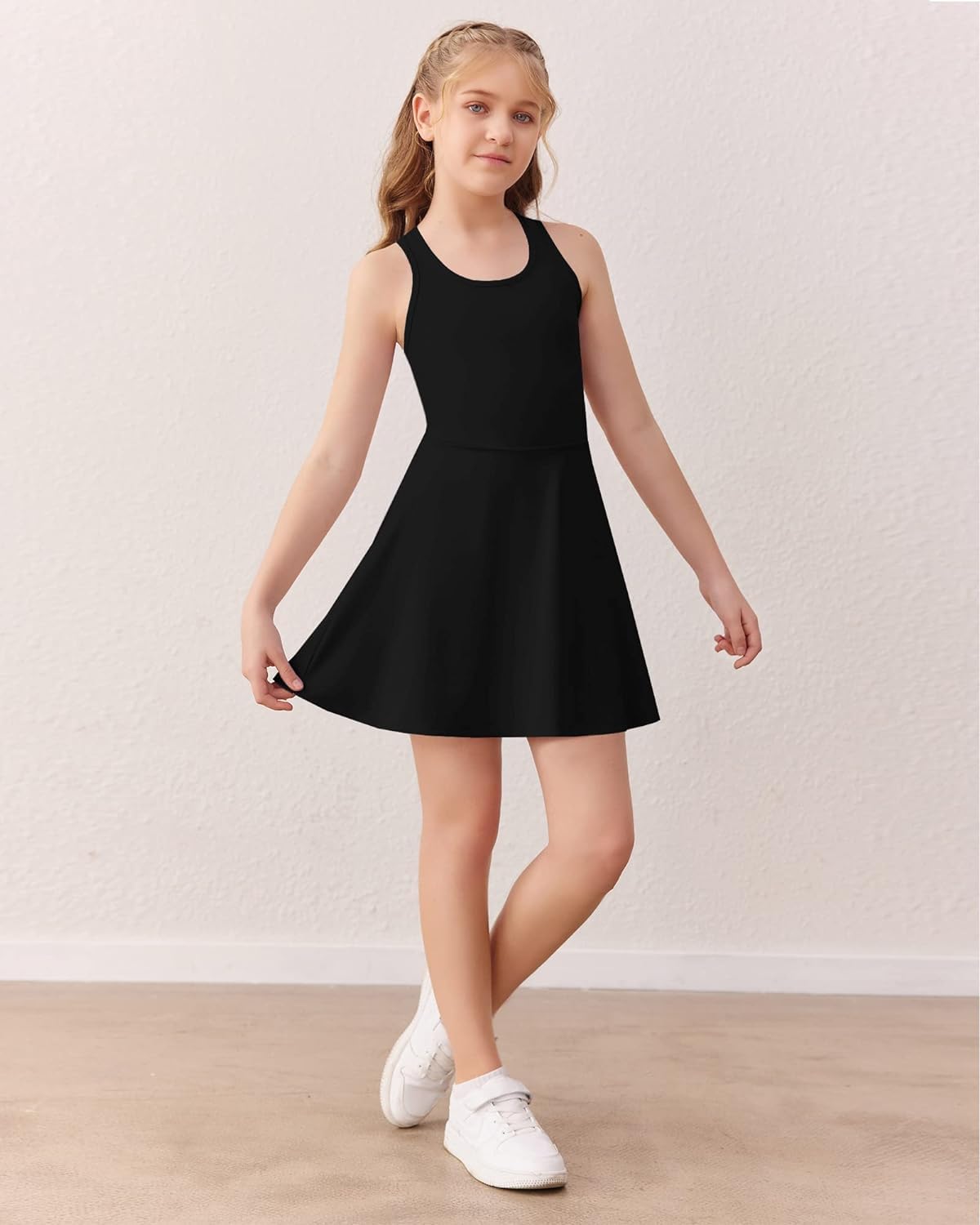 Haloumoning Vestido de tenis para niña, vestido de golf, sin mangas, espalda cruzada, ropa para niños, vestido deportivo con pantalones cortos y bolsillos