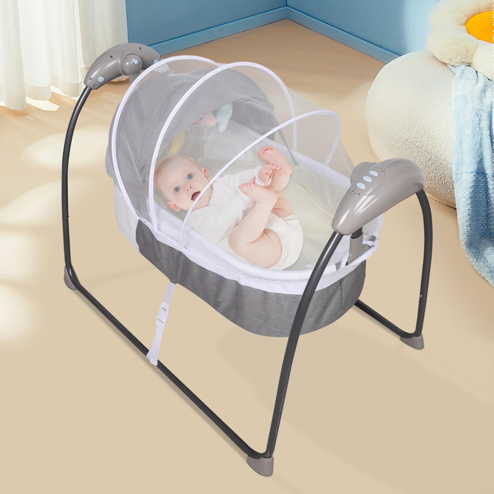 Babybett Baby Schüttelbett 0-12 Monate 10kg 80x44x25cm 8-30min 3 Stufen | Elektrisches Babybett Babywiege elektrisch 180° flache Position 8/15/30min Timer Bluetooth Fernbedienung Moskitonetz