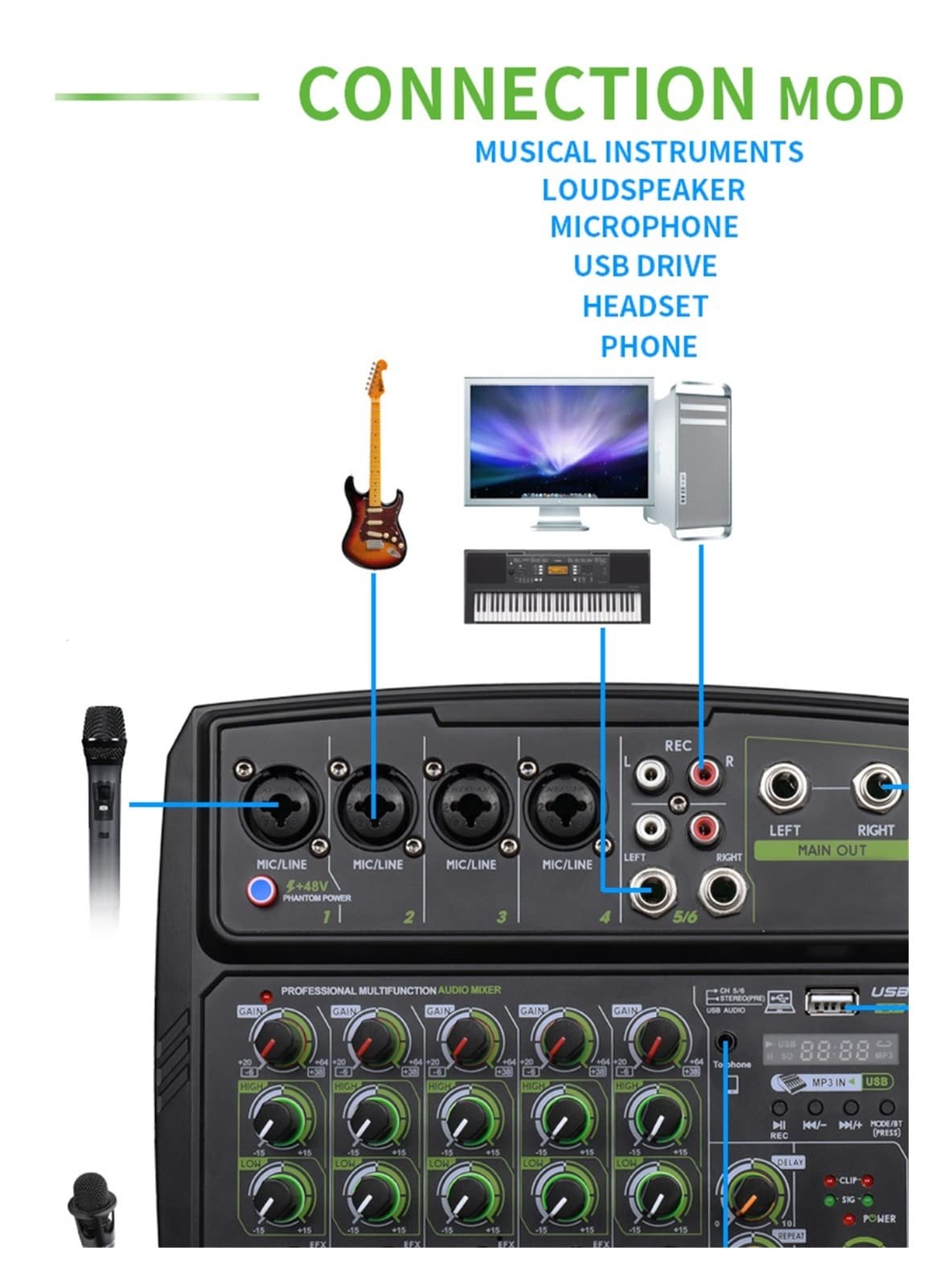 Attrezzatura per DJ per Feste 4/6-channel Sound Mixer Outdoor Conference Audio USB Bluetooth Reverb Audio Processor K Song Mobile Phone Live Broadcast with(B4L)