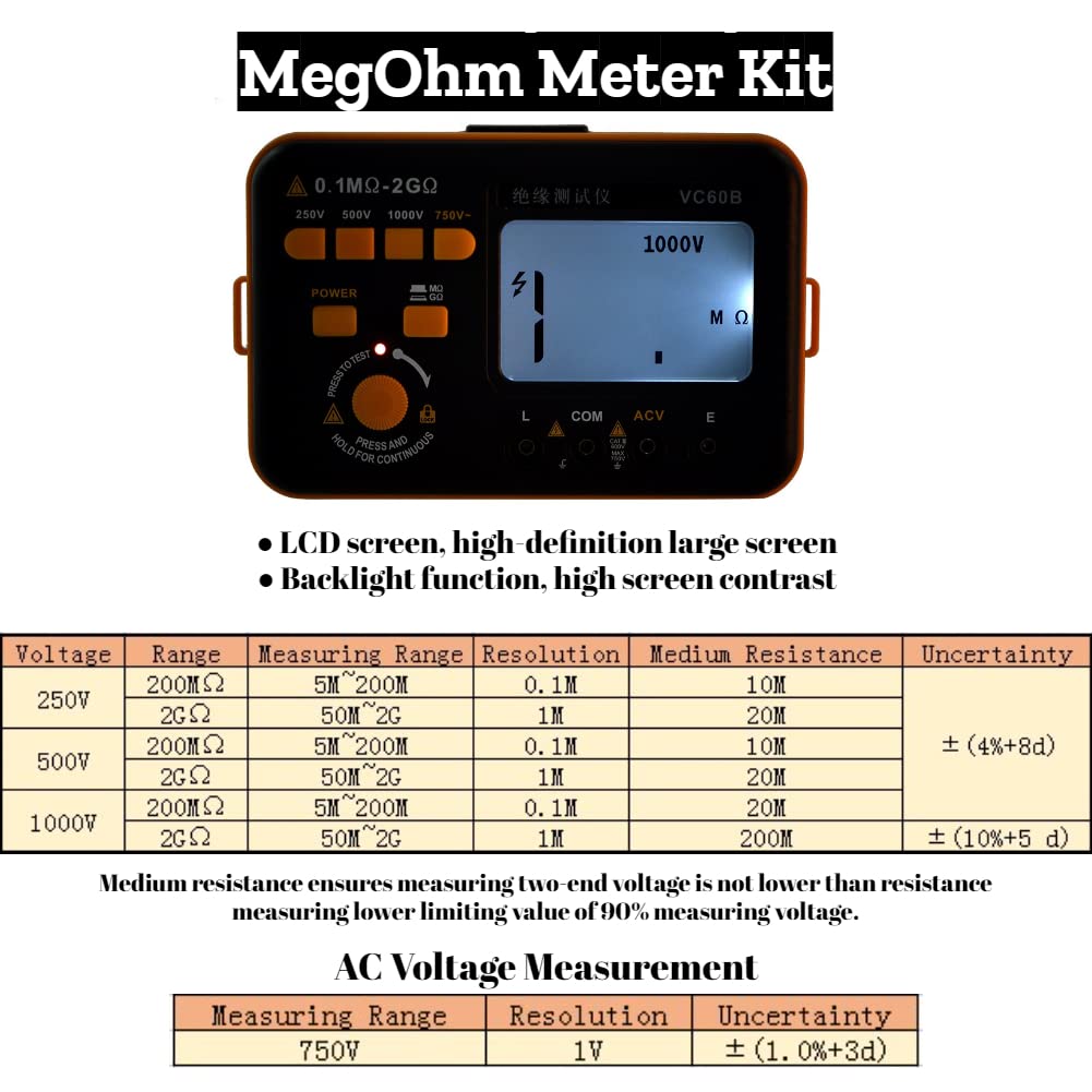 Megaohmmetro Digitale VC60B - Tester Resistenza Isolamento 200MΩ/2GΩ Con Tensioni 250V/500V/1000V - Foto 12