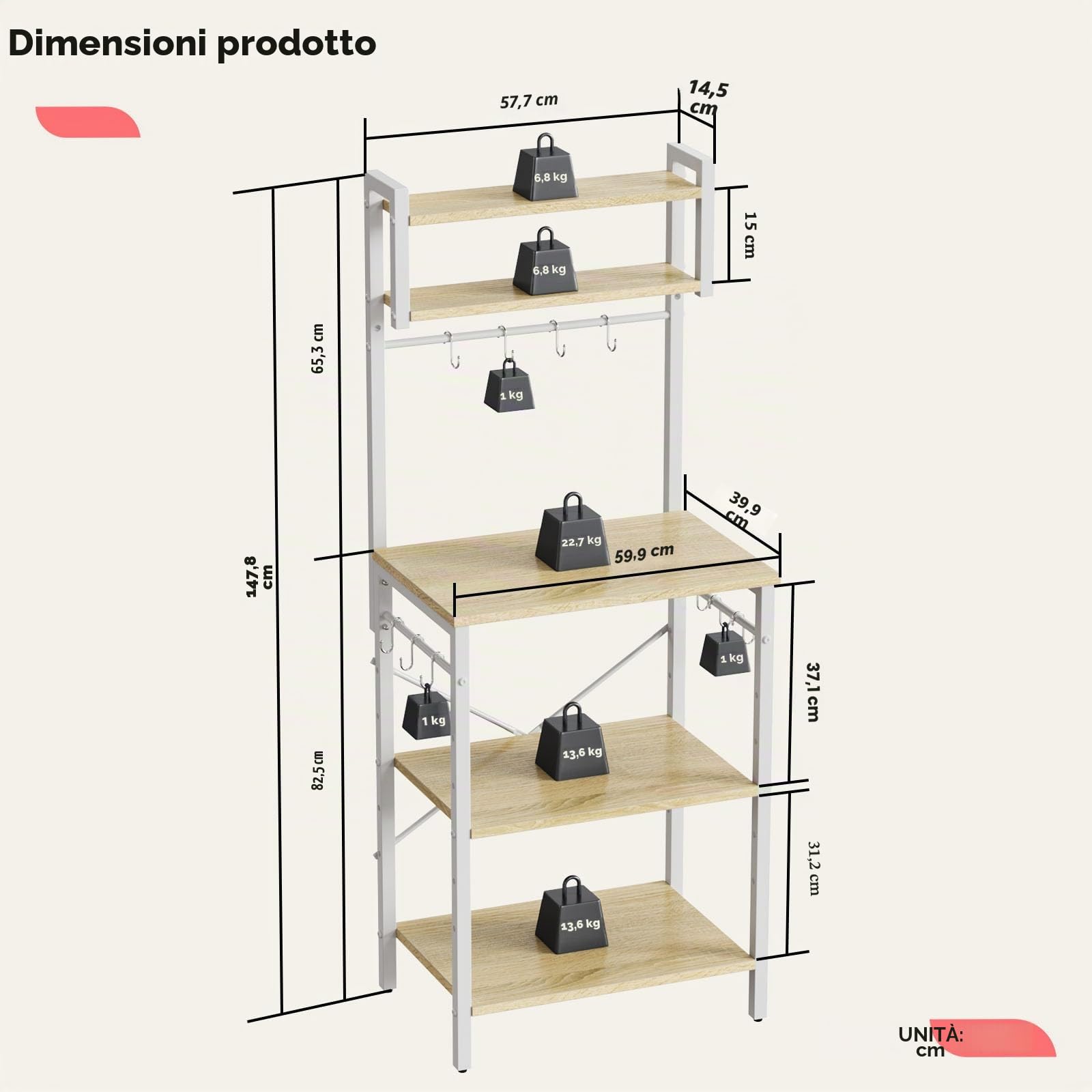 Bestier Scaffale da cucina in piedi, sottile, 60 x 42 x 148 cm, con 8 ganci, struttura in acciaio rustico, scaffale per microonde (bianco)