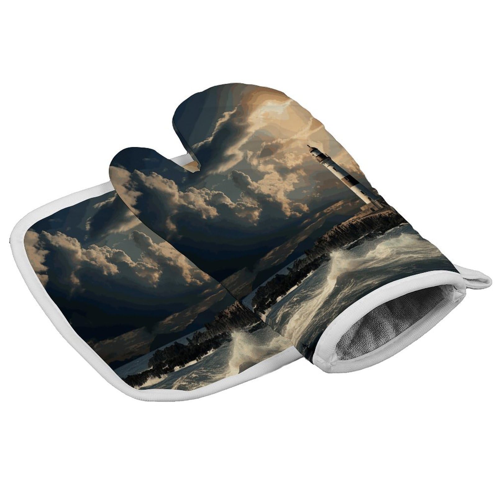 Fodpand Style Old Lighthouse By The Sea Oven Mitt Set With Lanyard, Cooking Mitt, Protective Thermal Insulation,Kitchen Mitt For Baking, Cooking, Grilling, Microwave