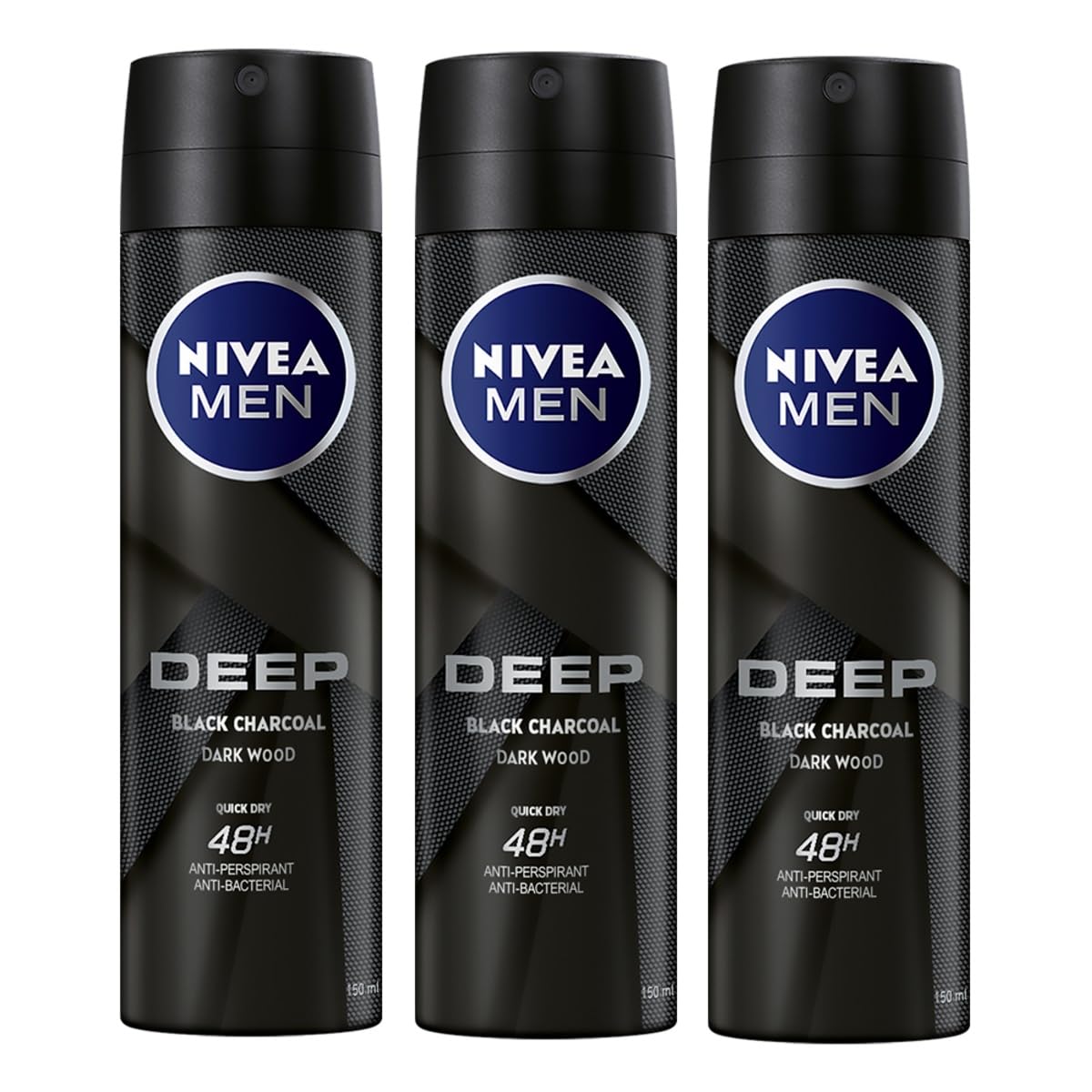 NIVEA MEN Antiperspirant Spray for Men, 48h Protection, DEEP Black Carbon Antibacterial, Dark Wood, 3x150ml