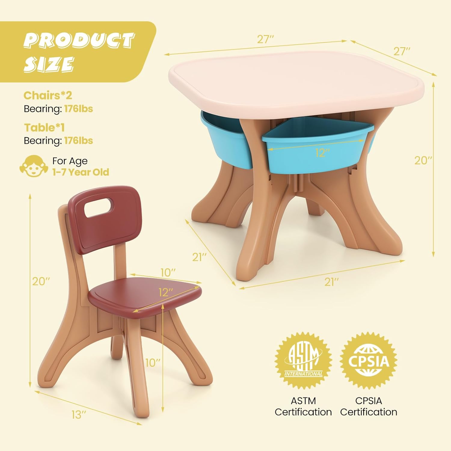 DORTALA Kids Table and Chair Set, Plastic Children Activity Table and 2 Chair Set w/Storage Bins, 3 Piece Toddler Table and Chairs for Art, Craft, Reading, Drawing, Gift for Boys Girls (Coffee)