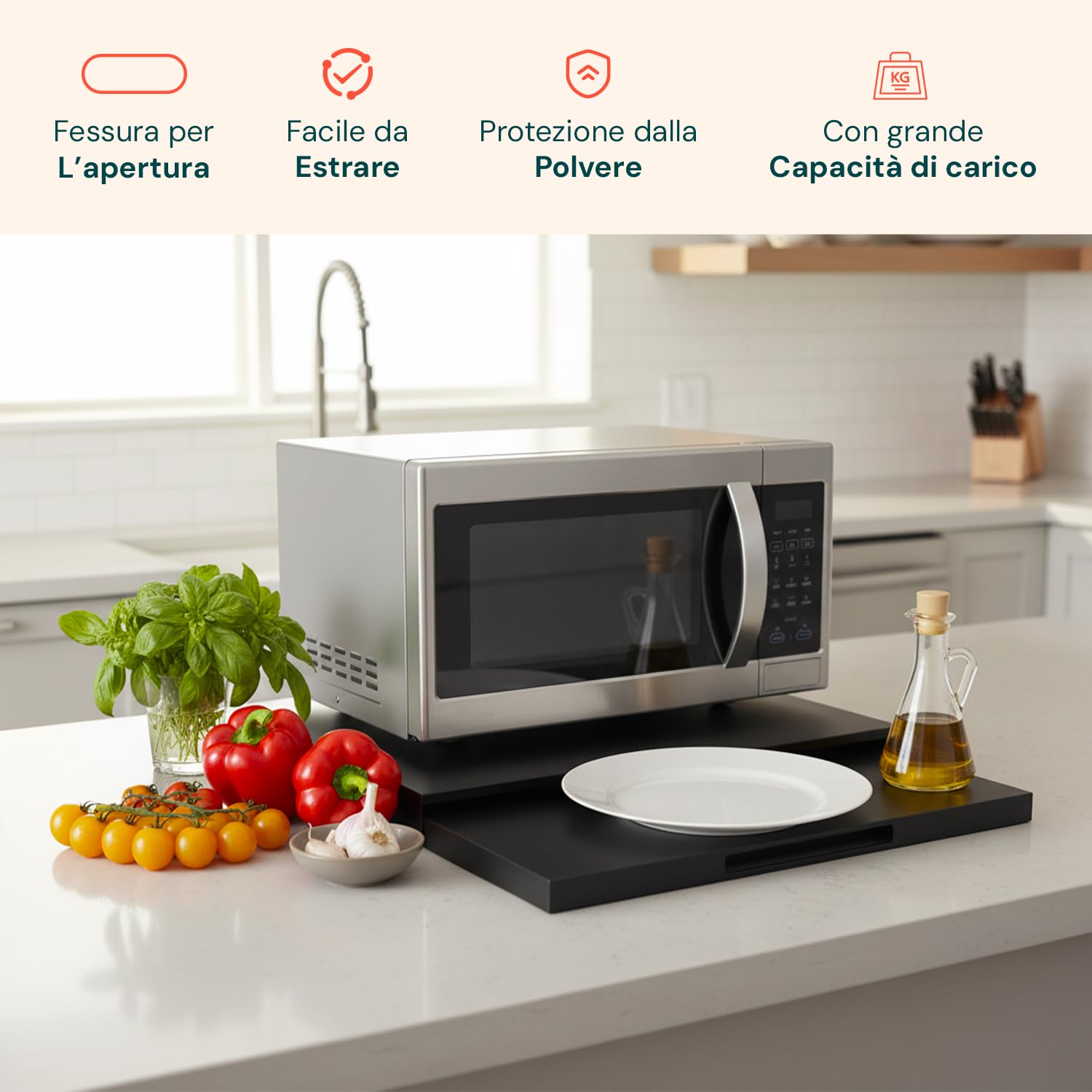 Avilia Supporto Microonde Estensibile (39-62 cm) con Ripiano Estraibile - Scaffale Cucina Salvaspazio in Metallo - Organizzatore Piano di Lavoro per Forno e Tostapane - Ganci e Gommini Antiscivolo