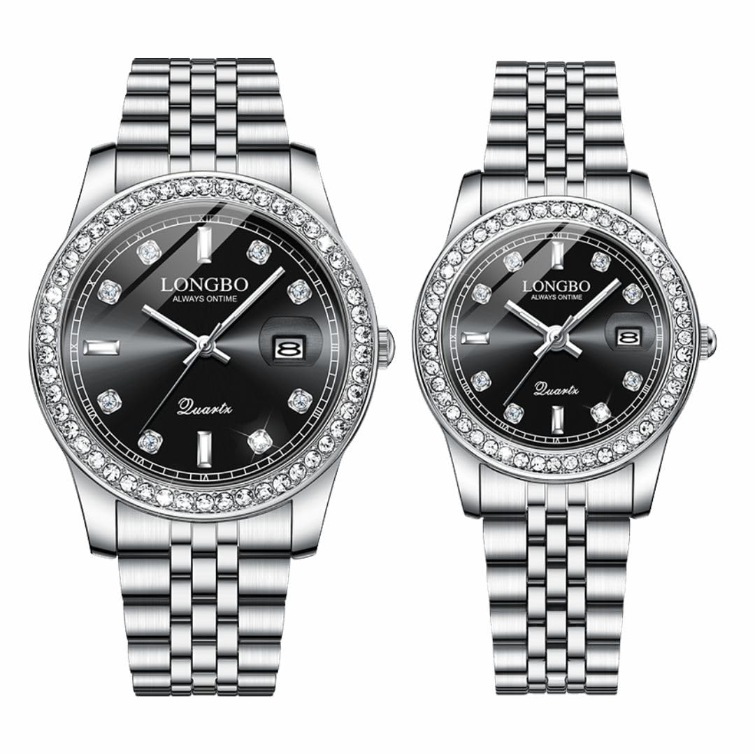 LONGBO Harmony Analogue Couple Watch Set - Elegant Dual Tone Band Rhinestone Studded Case, Stainless Steel Band | Marriage Gift Set for Men and Women (Silver-Black) (B0DF2ZSKKD) Amazon Price History, Amazon Price Tracker