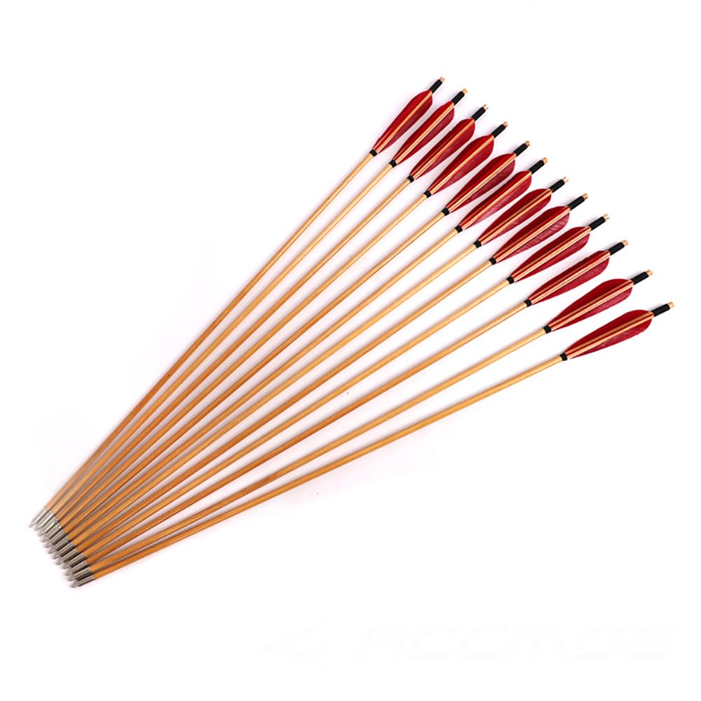 12 Pezzi OD 8 mm Freccia di Legno 5 Pollici Rosso Forma della Goccia Piuma di Tacchino, 82 cm di Lunghezza per Arco e Freccia Tiro con L'Arco Pratica e Caccia