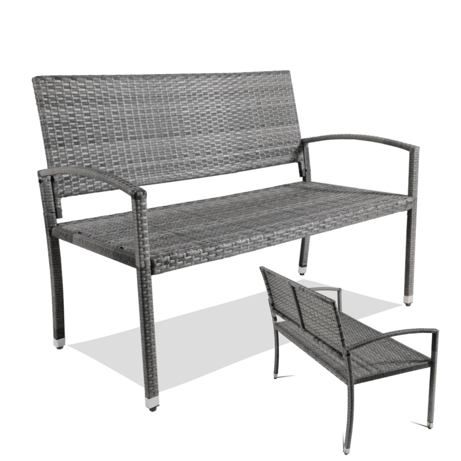 Clevich Rattan Garden Bench, 2 Seater Wicker Patio Bench with Curved Backrest Armrests, Adjustable Feet, Weatherproof PE, 320kg Capacity for Indoor/Outdoor/Balcony/Terrace, Single-Sided Rattan, Grey — image 1