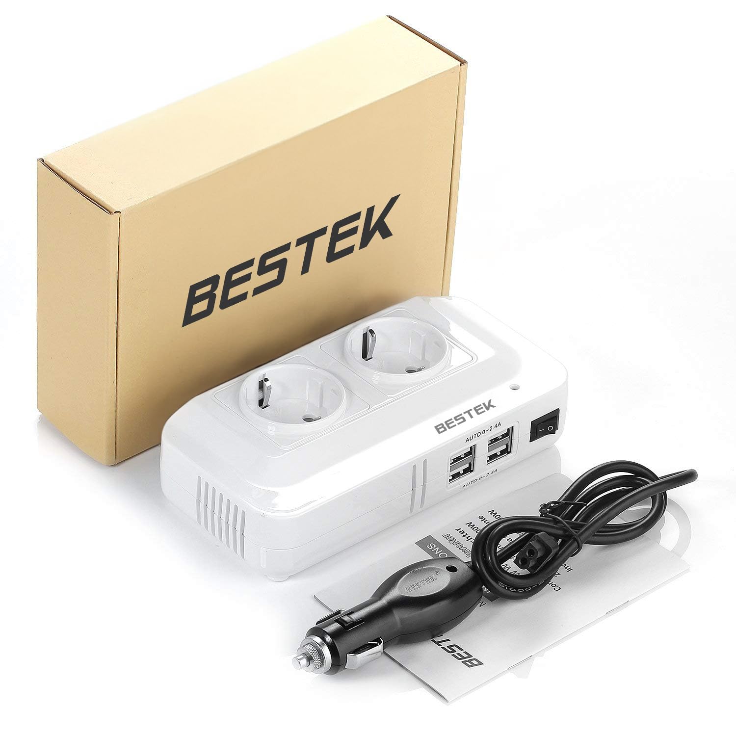 BESTEK 200W KFZ Spannungswandler Wechselrichter DC 12V auf AC 230V mit 2 Steckdosen und 4 USB Autoladegerät inklusive Zigarettenanzünder Stecker Weiß