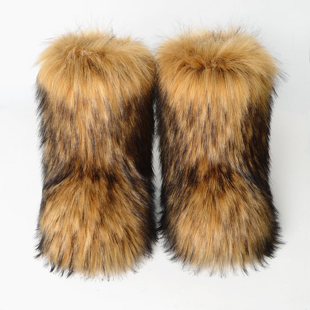 QMFUR Women's Furry Faux Fur Boots Fuzzy Fluffy Mid Calf Snow Boots Suede Warm Fur Lined Booties Flat Fashion Boots - Image 2