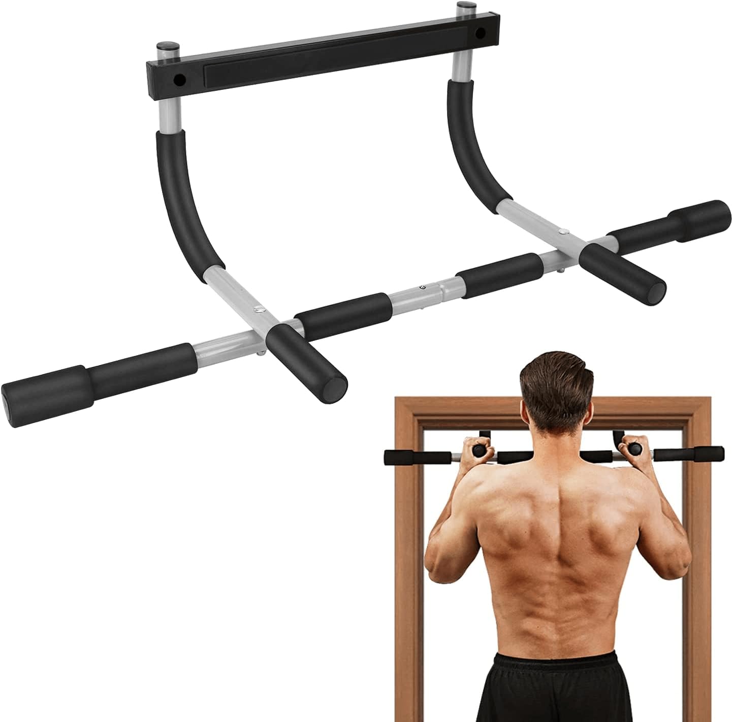 Swadeshi World Iron Gym Doorway Pull Up Bar, Heavy-Duty Strength Training Exercise Equipment, Multi-Grip Chin Up Bar for Home Gym Workout, Black and Silver-image-48