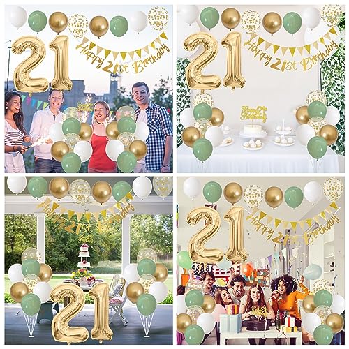 Image of 21st Birthday Decorations for Him Her, Happy Banner With Cake Topper Number 21 Foil Balloon, Sage Green White Gold Balloons for Men Women 21 Year Old Party Decoration