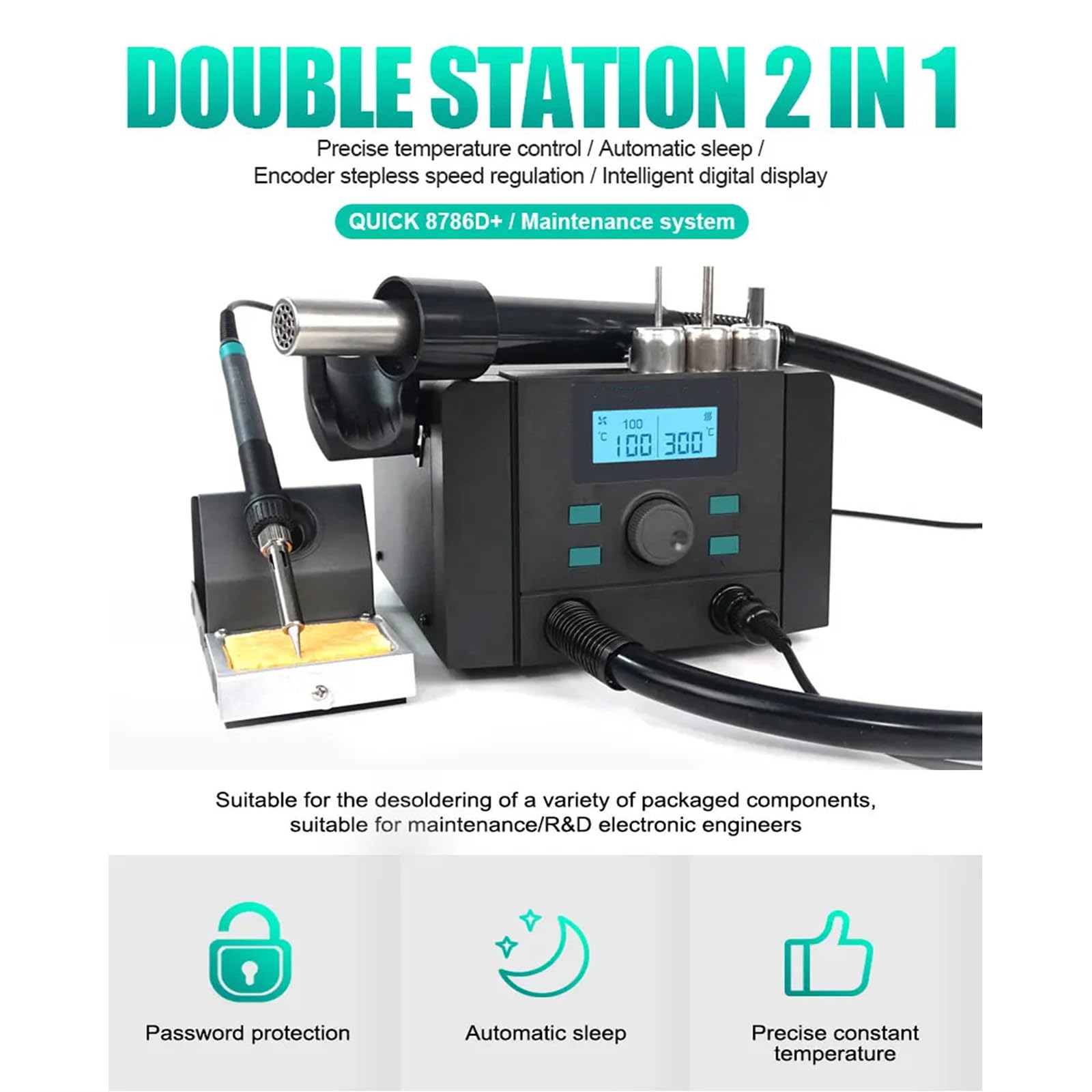 Stazione di rilavorazione con display LCD, controllo della temperatura e del flusso d'aria, pistola ad aria calda, saldatore, strumenti dissaldanti per riparazioni elettroniche e progetti fai da te