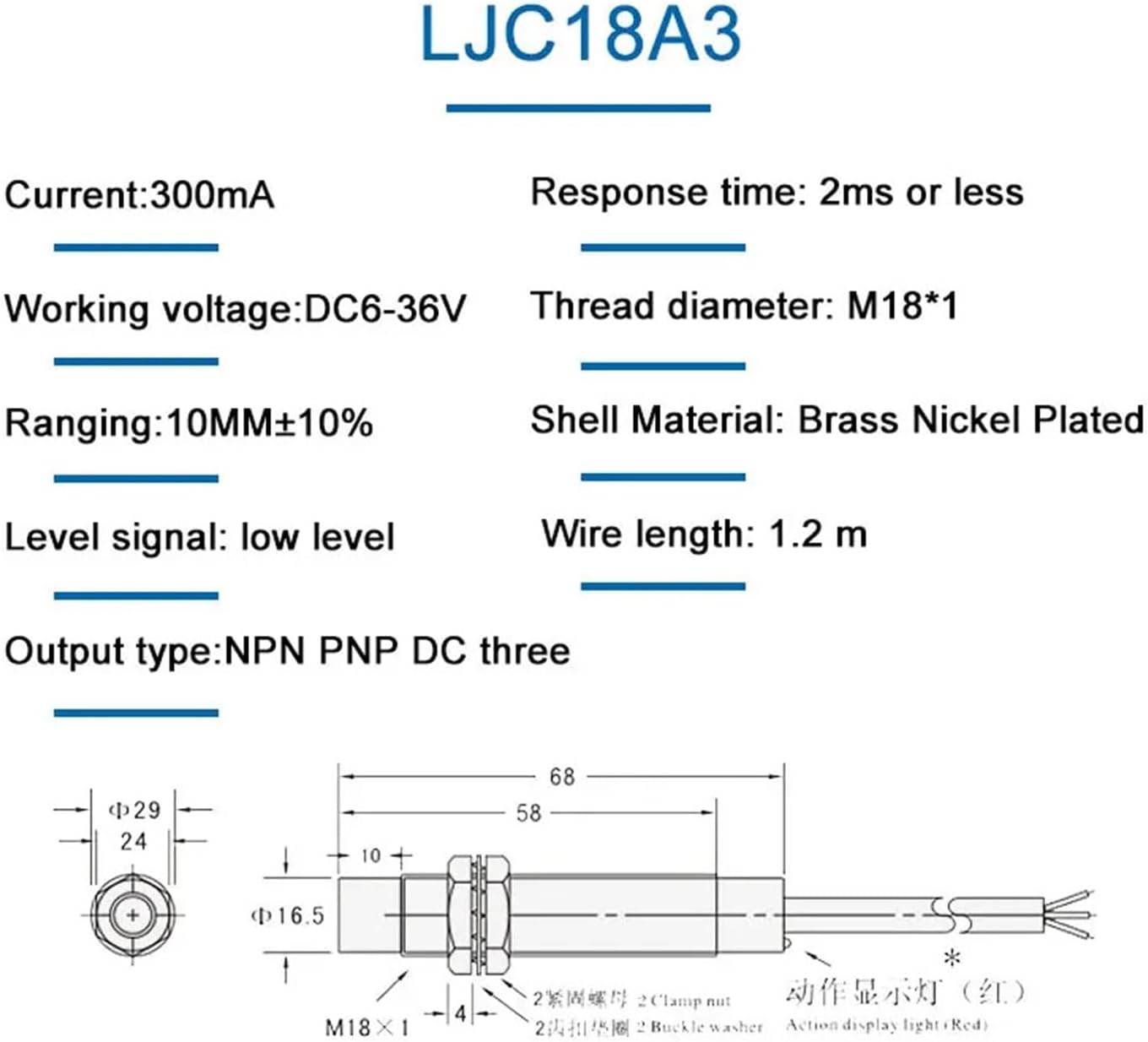 18A3 DC 6-36V Three-Wire 10mm Sensing Distance Capacitive Proximity Switch Sensor(Dc Three Wire Npn Nc)