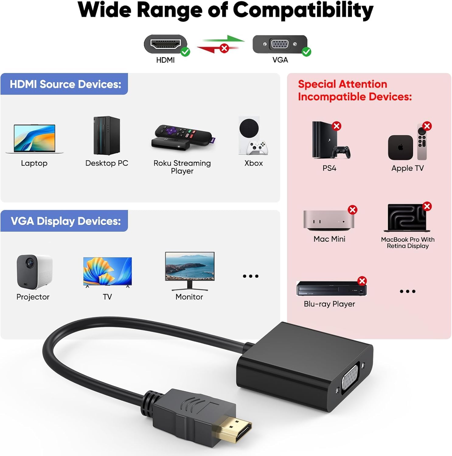 Paquete de 30 adaptadores HDMI a VGA, adaptadores unidireccionales HDMI a VGA macho a hembra chapados en oro para monitor, proyector, HDTV, laptop, computadora, computadora, Chromebook, Roku