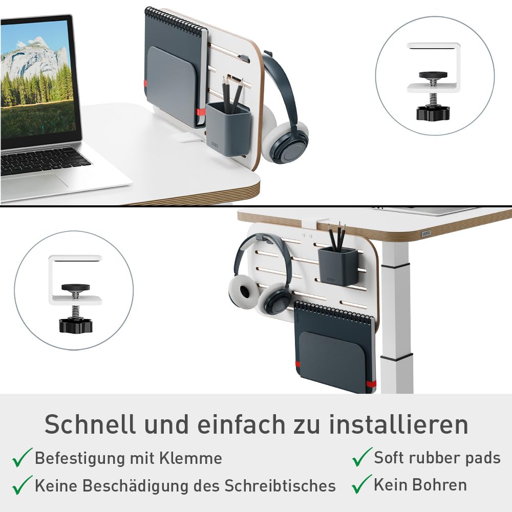 Leitz Ergo Kleiner Pegboard Schreibtisch-Organizer mit Zubehör, Hochwertige Stecktafel kompatibel mit Tischdicken bis 35mm, breite Hängeschlitze, Klammerbefestigung, 42 x 25 cm, Weiß, 65480000
