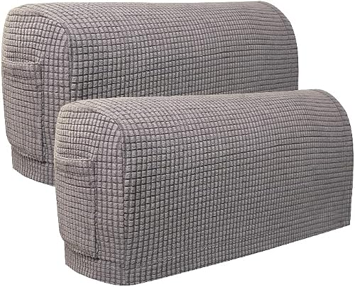BADASS SHARKS Sofa Armrest Protectors for Armchairs, Sofas, Non-Slip Armchair, 2PCS/Set Fleece Premium Armrest Covers Stretchy Chair Sofa Couch Arm Protector Stretch Fit (Light Grey with Pocket)